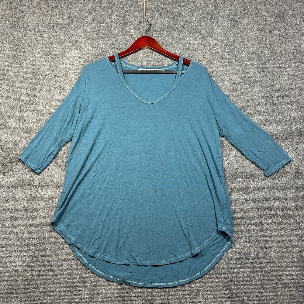 Michael Stars Top Womens Teal Stretch 3/4 Sleeve Knit Tee Curve Hem Strappy Neck